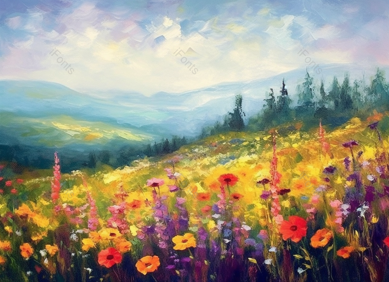 春天夏天广阔的森林草地上五颜六色的野花花簇花朵盛开手绘油画插画,插画/手绘图,插画/手绘图库,插画/手绘图下载,插画/手绘